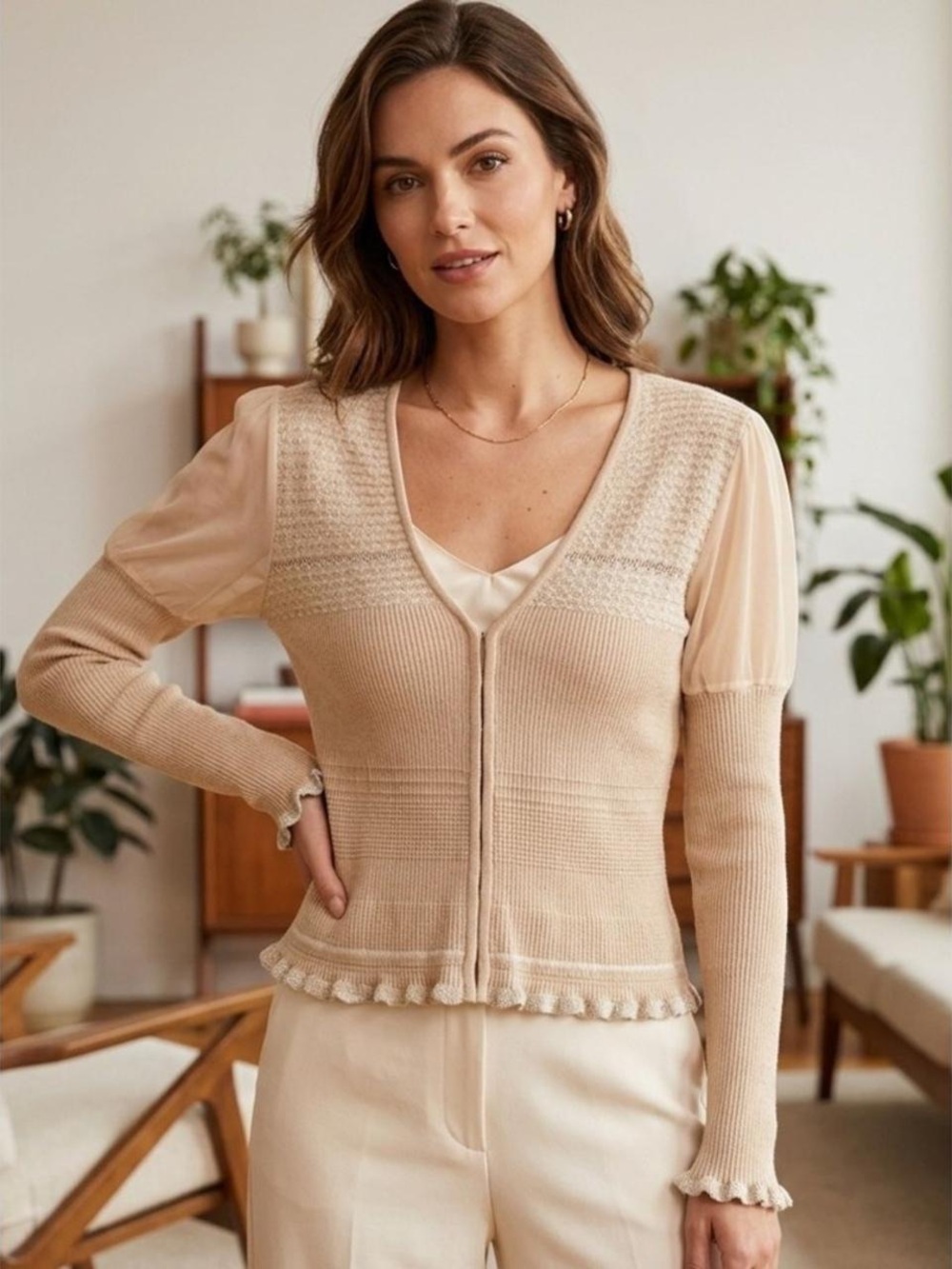Moth Cream V-Neck Knit Cardigan with Ruffle Hem